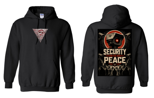 Security Is Peace Hoodie - black hoodie with all-seeing eye front and surveillance camera back graphic
